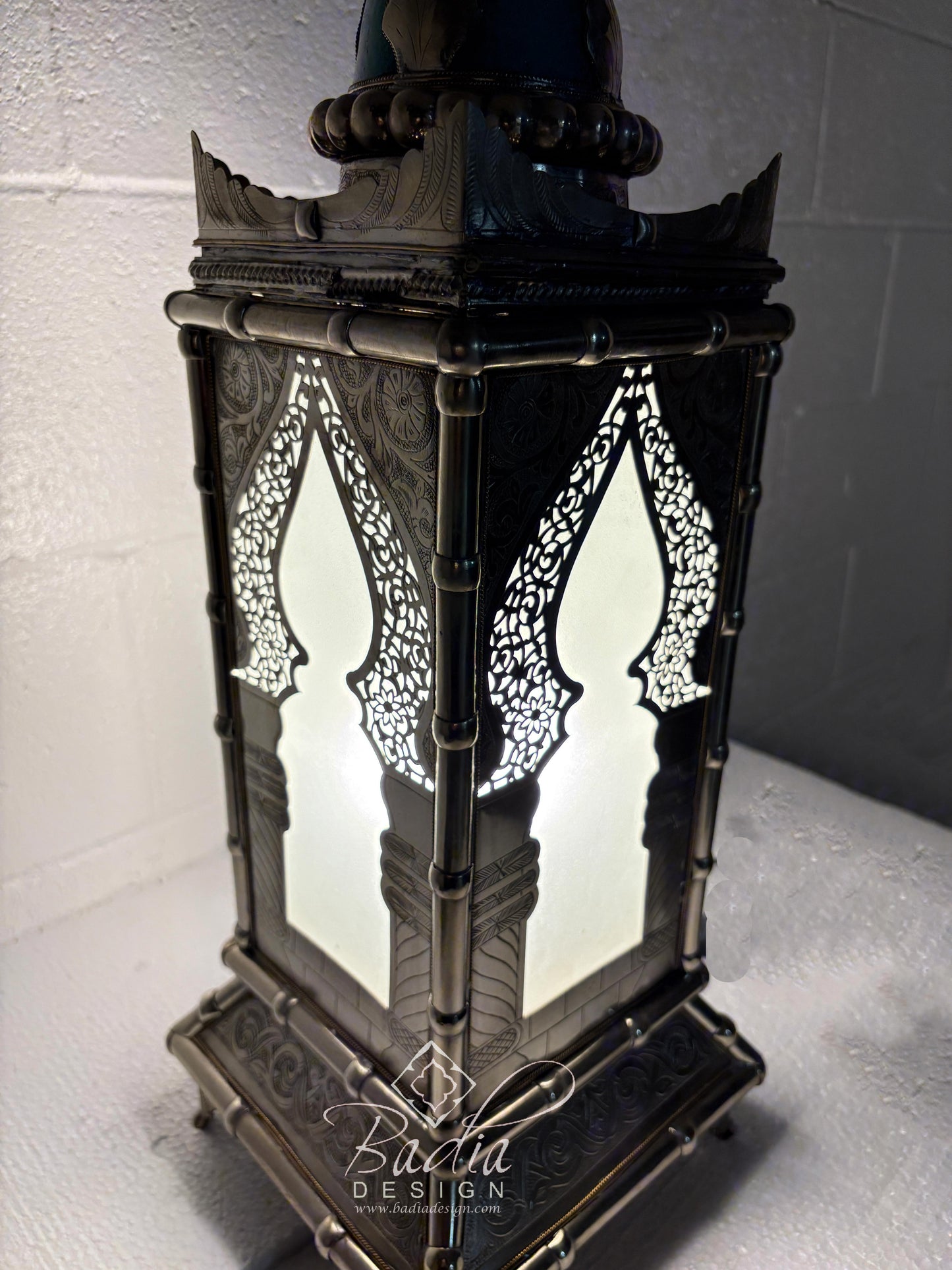 Tall Brass Floor Lantern with Teal Ceramic Decor