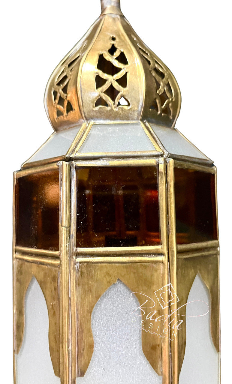 Tall Brass Lantern with Amber Color Glass