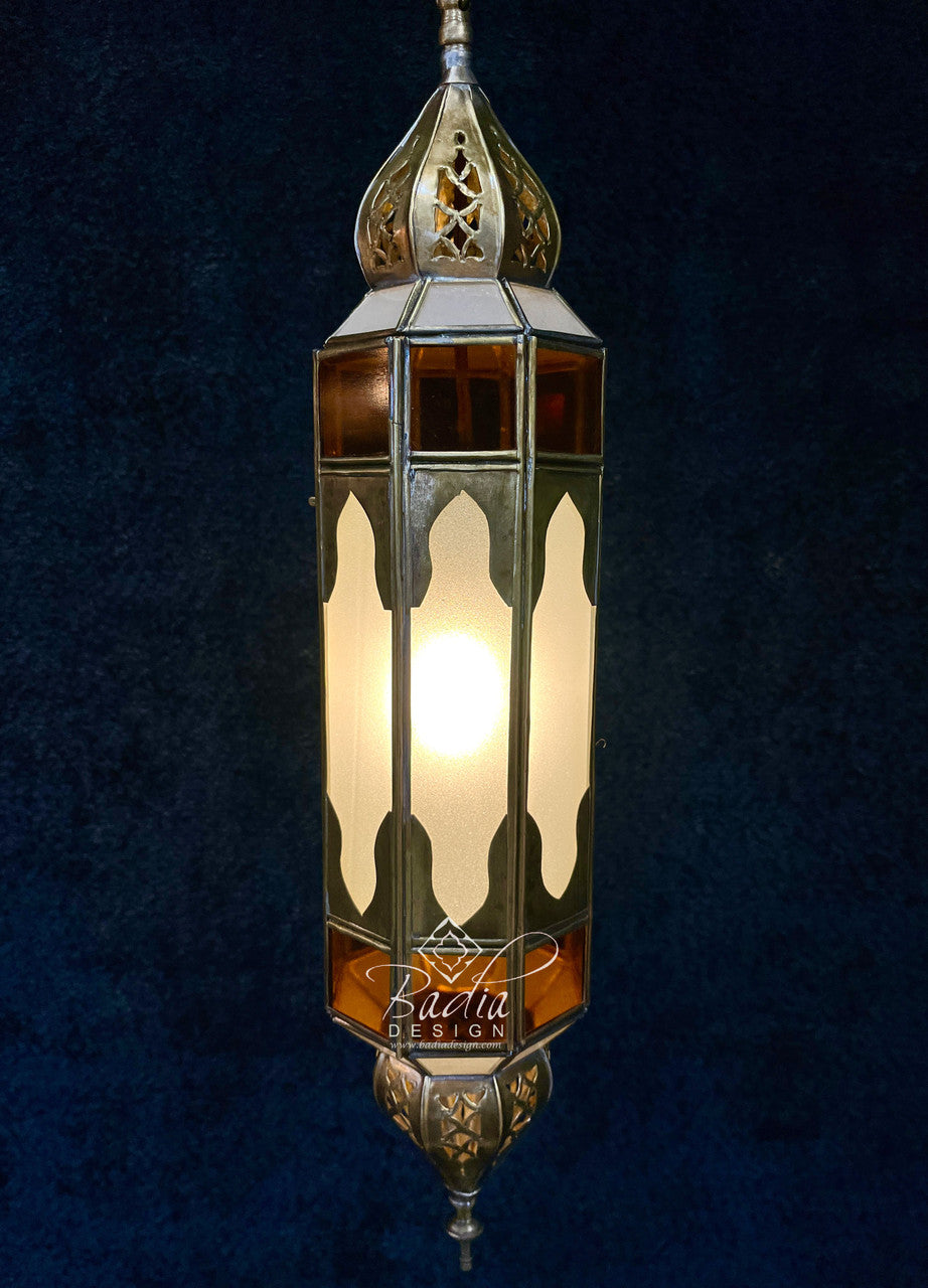 Tall Brass Lantern with Amber Color Glass