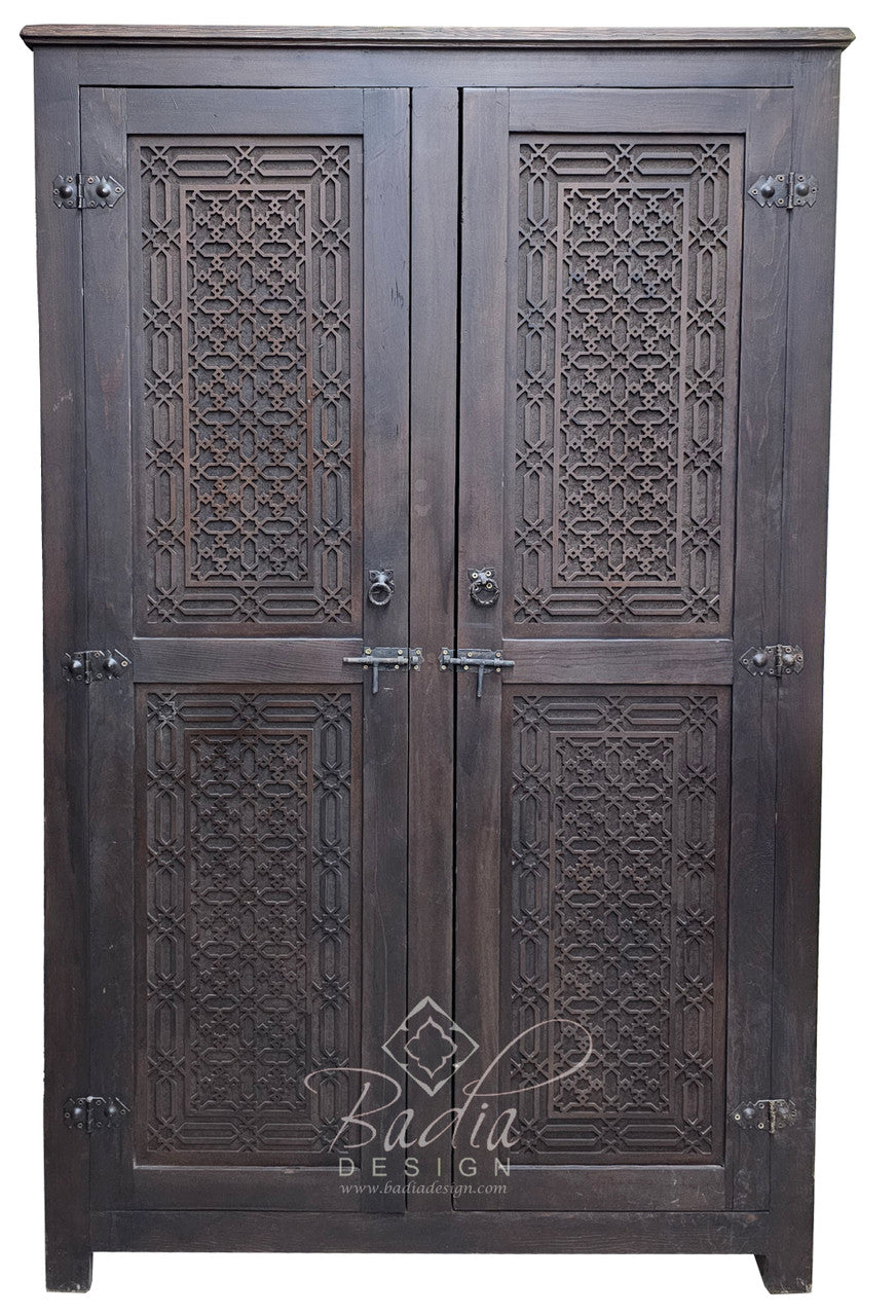 Dark Stained Hand Carved Moroccan Wooden Cabinet