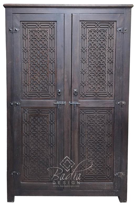 Dark Stained Hand Carved Moroccan Wooden Cabinet