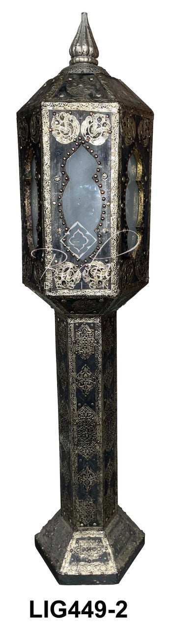 Tall Embossed Metal and Leather Floor Lantern