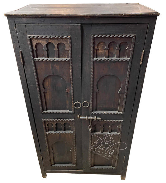 Tall Dark Stained Vintage Carved Wood Cabinet