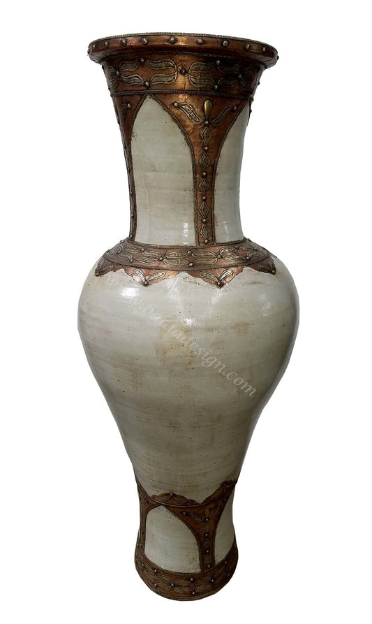 Tall Moroccan Hand Painted Metal and Ceramic Urn