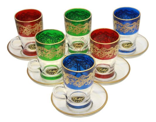 Moorish Motif Multi Color Tea Cups with Saucer - Pack of 6
