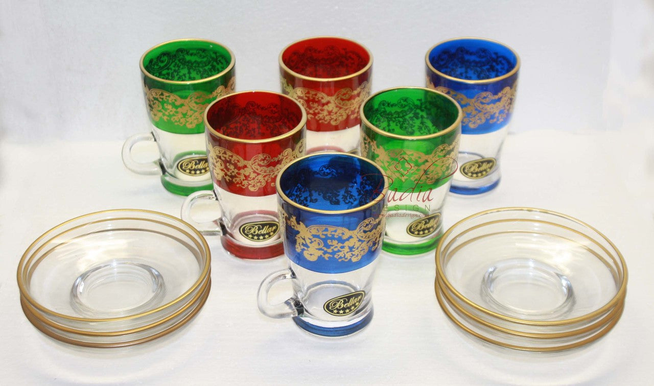 Moorish Motif Multi Color Tea Cups with Saucer - Pack of 6