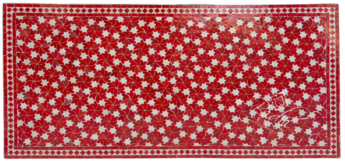 80" x 40" Red and White Intricately Designed Rectangular Tile Table Top