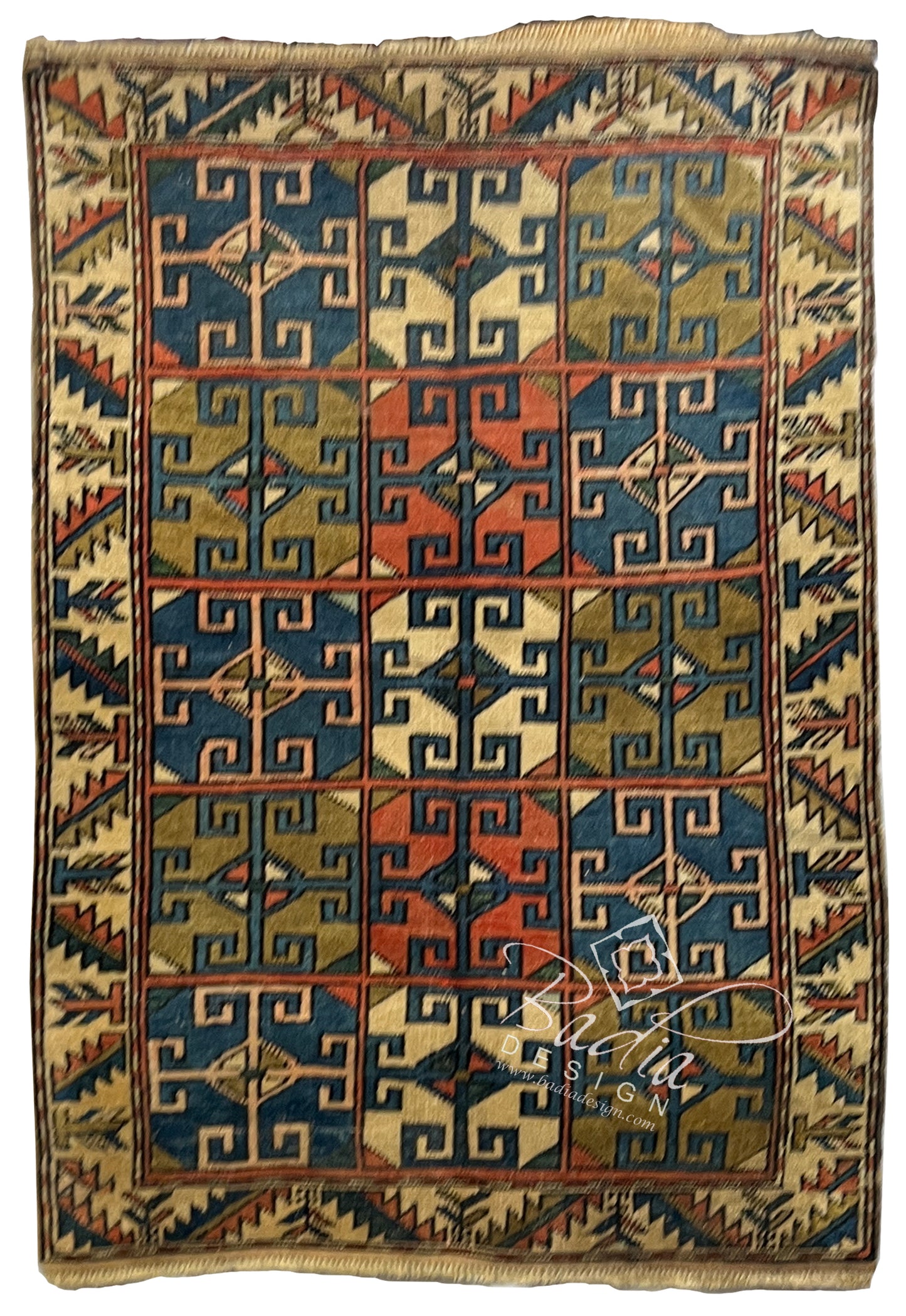 Green Multi-Color Turkish Rug with Geometric Designs