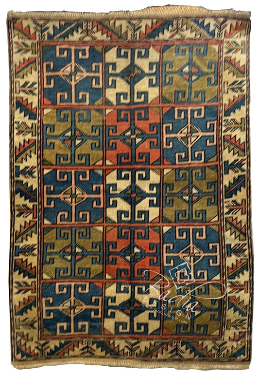 Green Multi-Color Turkish Rug with Geometric Designs