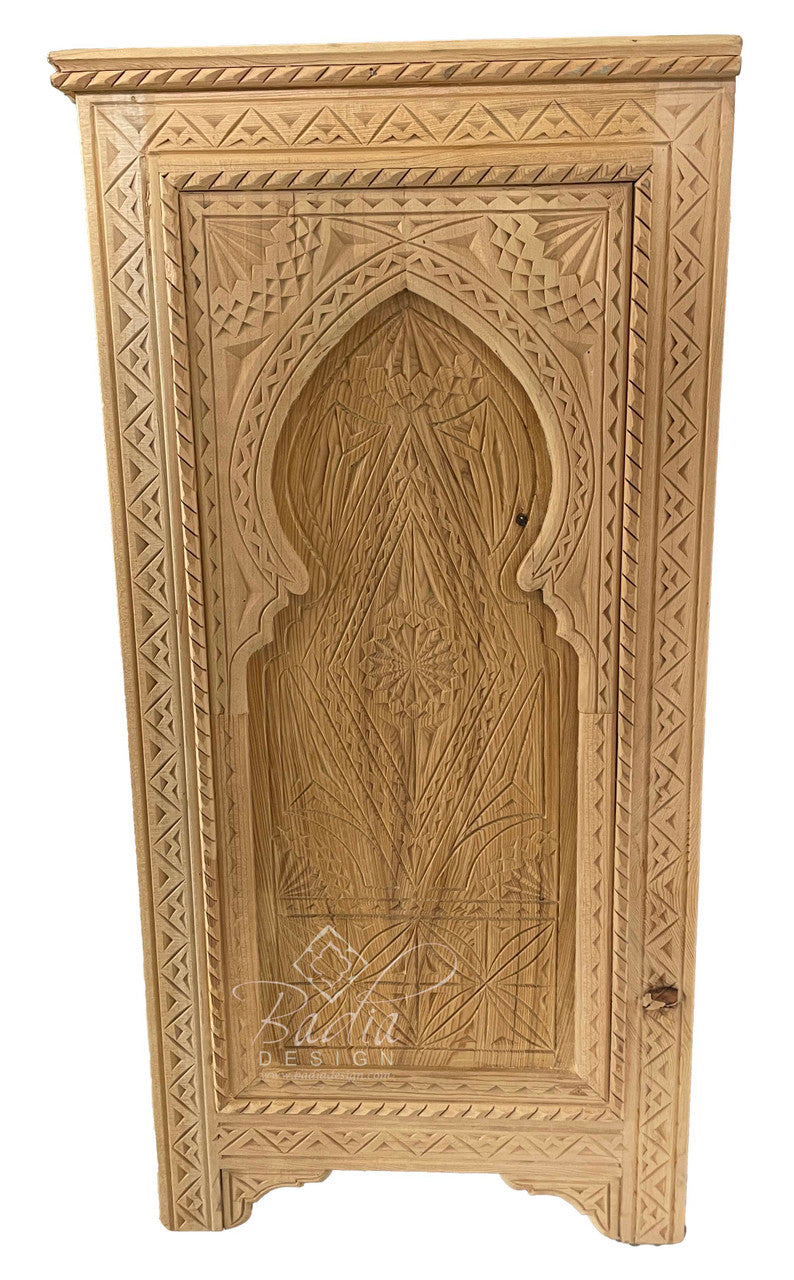 Unstained Hand Carved Wooden Cabinet