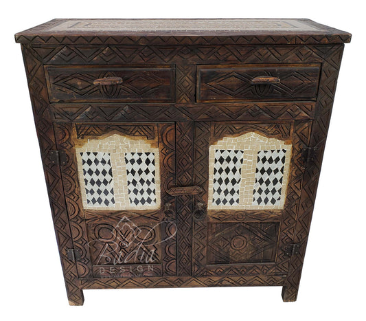 Vintage Hand Carved Wooden Cabinet With Tile Design