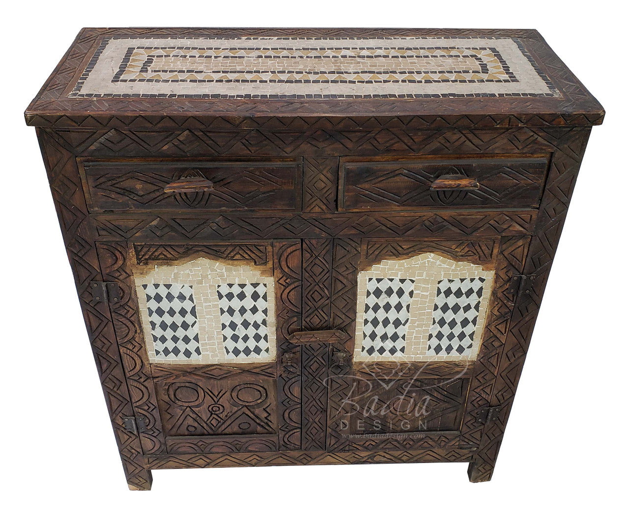 Vintage Hand Carved Wooden Cabinet With Tile Design