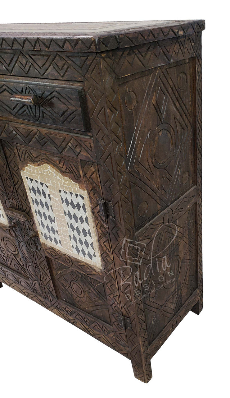 Vintage Hand Carved Wooden Cabinet With Tile Design