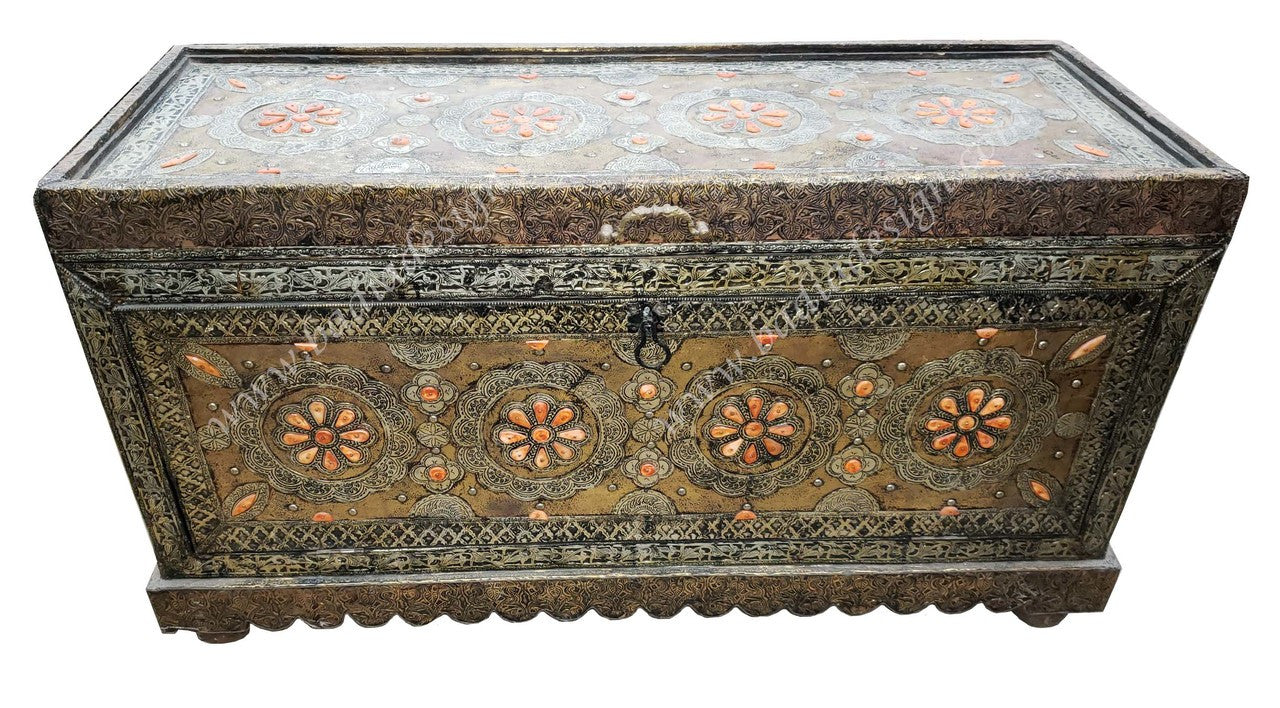 Vintage Embossed Metal Orange Bone Inlay Trunk