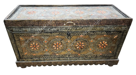 Vintage Embossed Metal and Orange Bone Inlay Trunk