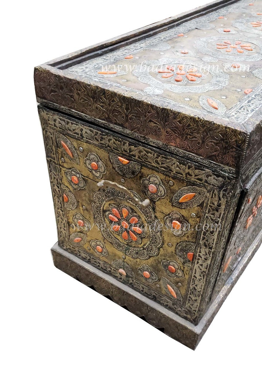 Vintage Embossed Metal and Orange Bone Inlay Trunk